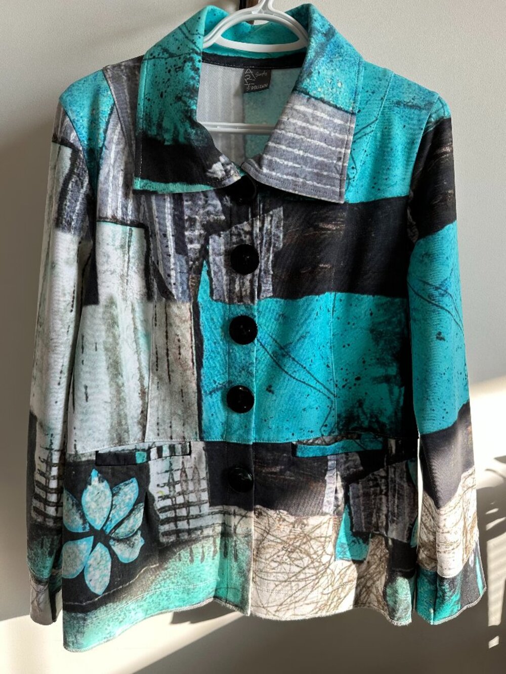DOLCEZZA Simply Art Turquoise Teal Abstract Button Front Knit Jacket Blazer M